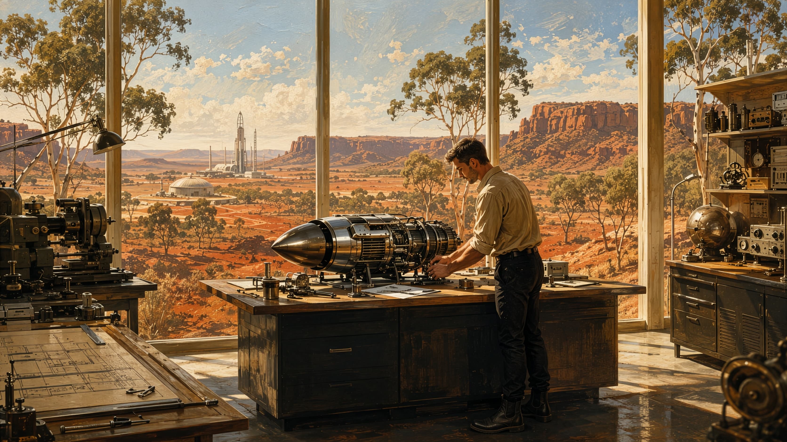 Building something in a workshop overlooking the Australian outback