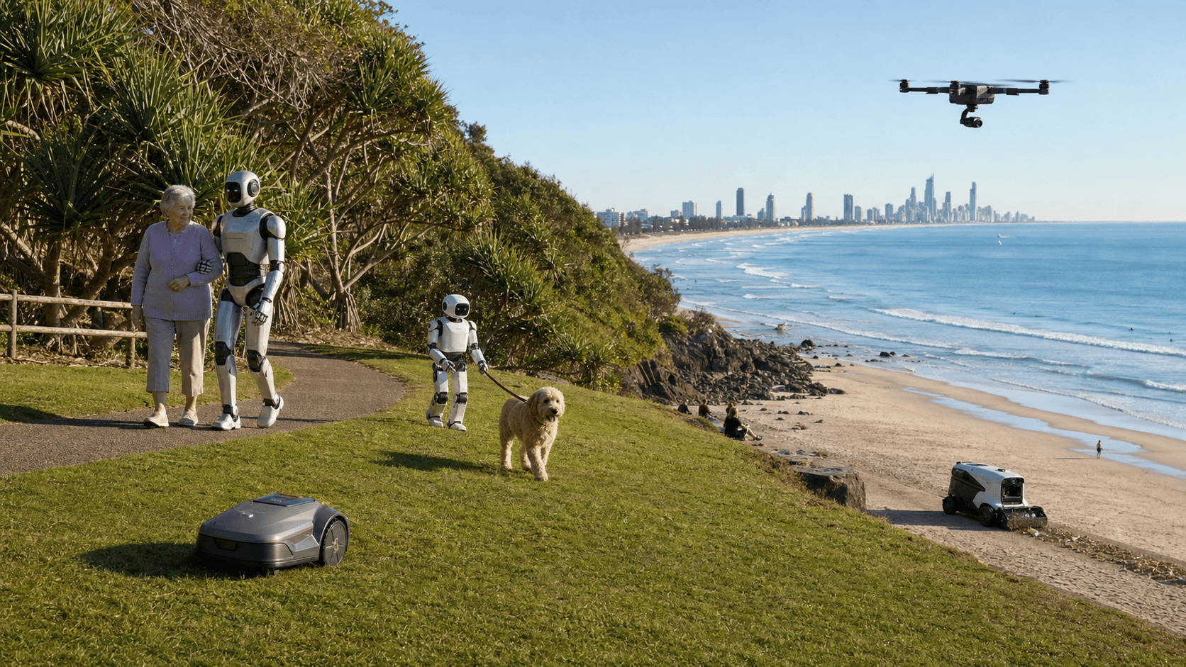 Five robots assisting people and maintaining public spaces around Burleigh Headland